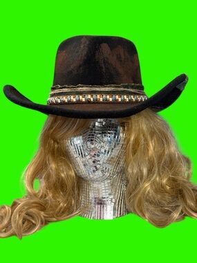 NWT Vintage Style Shapeable Adjustable Black/Brown Fedora/Cowgirl Hat Distressed